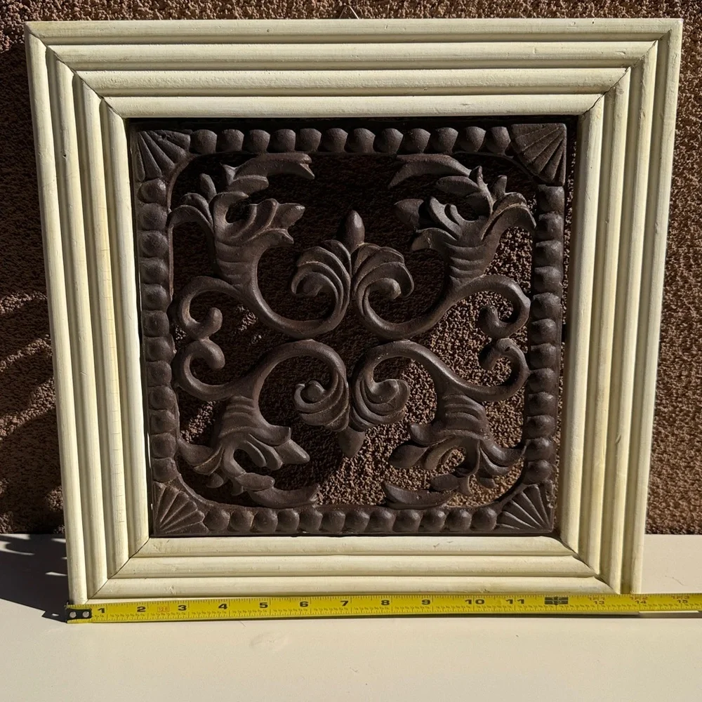 Vintage Wrought Iron Wall Art 14x14 Brown Scroll Cream Wood Tuscan Traditional